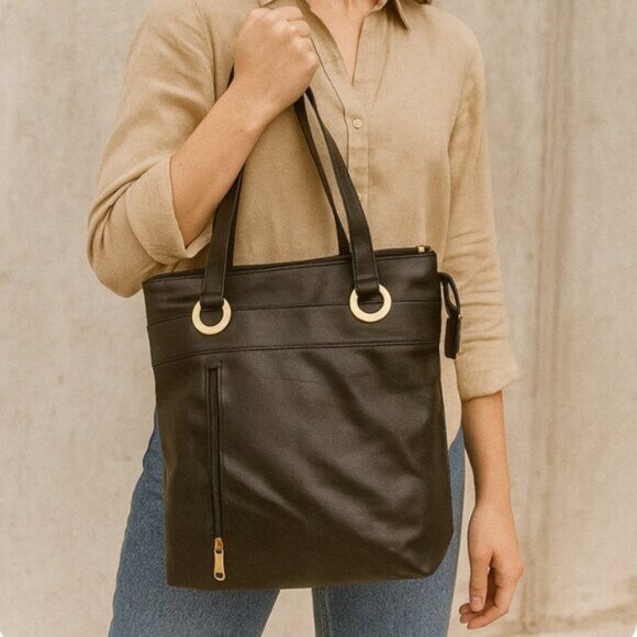 Minimalist Women's Black Faux Leather Shoulder Tote Bag Medium - Picture 1 of 8